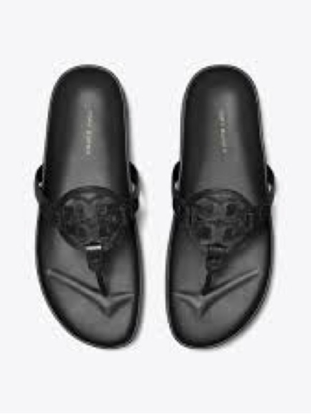 Tory Burch Miller Cloud Sandals Black Leather Logo Thong Sandals - Picture 3 of 14